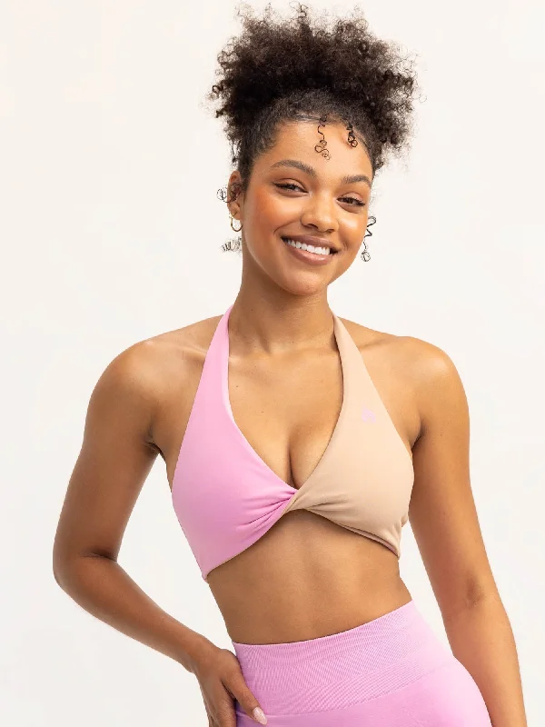 Duo Halter Twist Sports Bra - Musk Pink/Tan