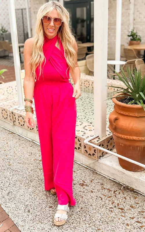 HOT PINK SOFT WASHED OPEN SHOULDER SMOCKED JUMPSUIT - Final Sale