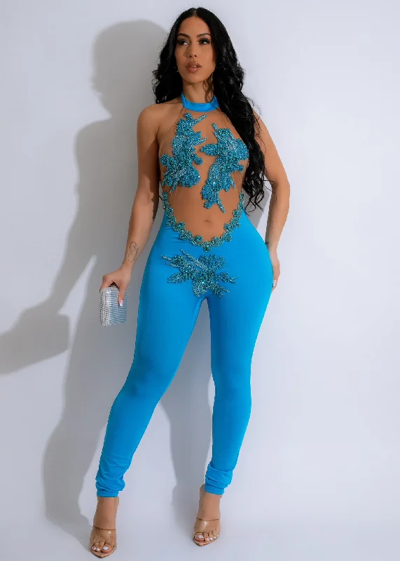 Mystique Radiance Mesh Rhinestones Jumpsuit Blue