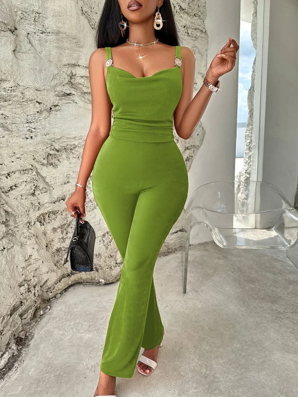 Sexy solid color metal jumpsuit with suspenders